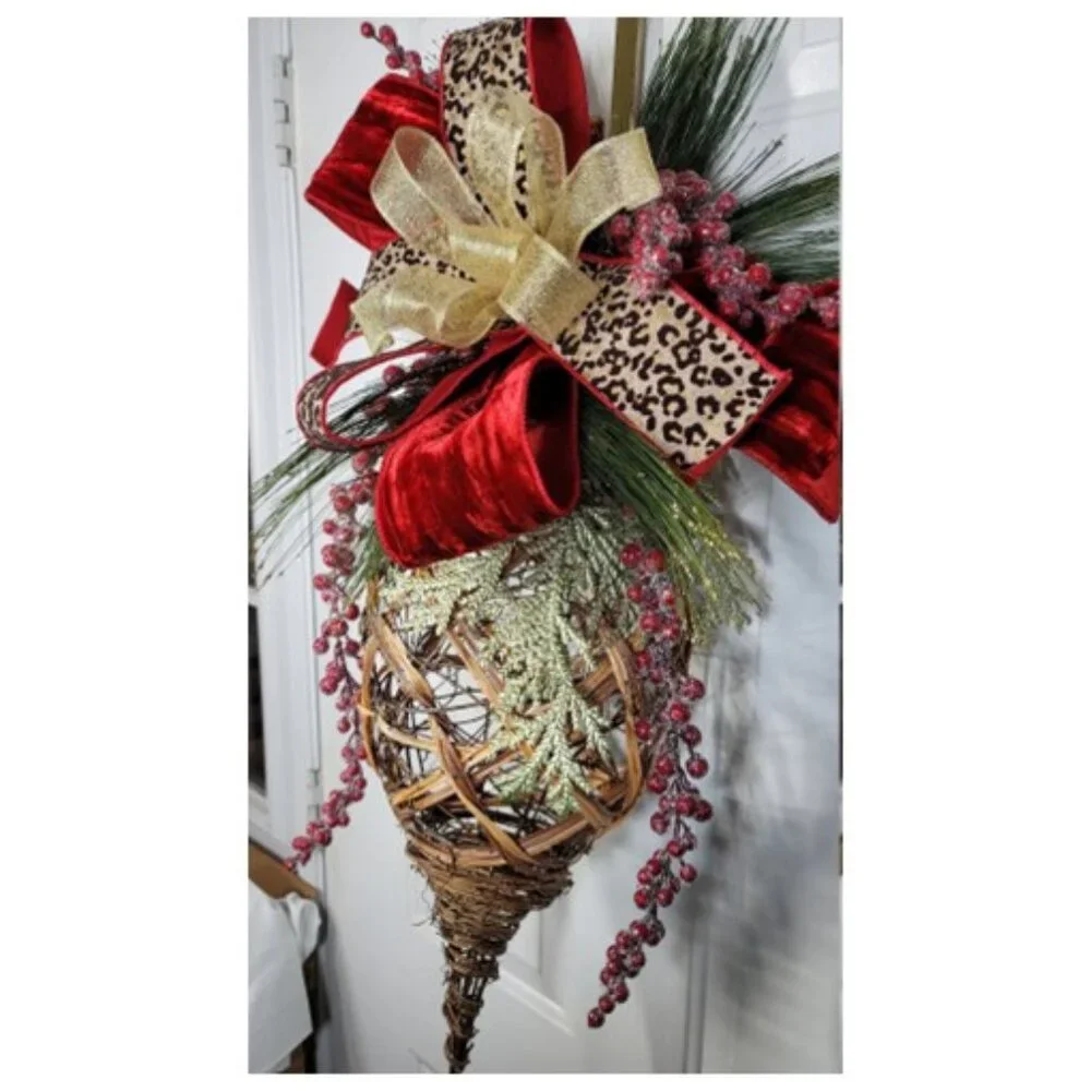 Jumbo Christmas Ornament Hanging Rattan Ornament Drop w Glam Bow, Winter Wreath
